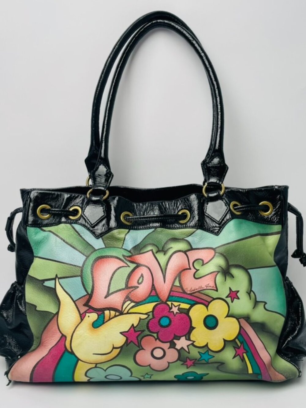 Vtg Y2K Isabella Fiore Love & Peace Dove Hand-Painted Leather Patent Tote